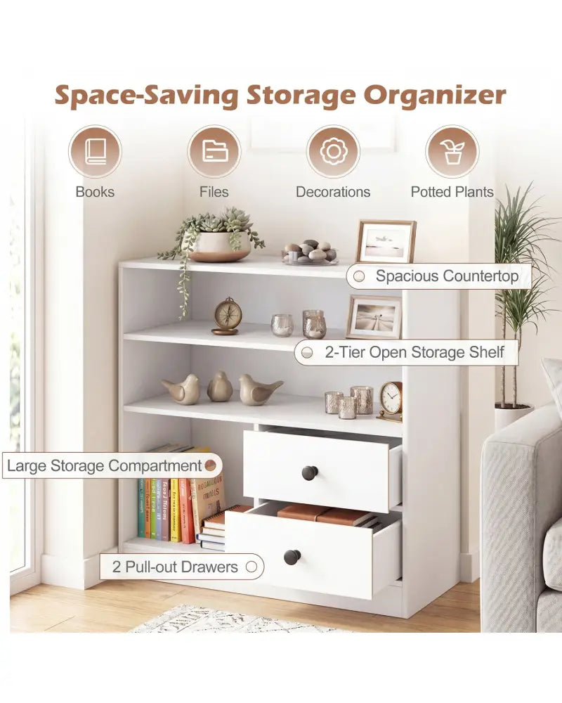 Open Storage Cabinet with 3 Open Compartments and 2 Drawer-White - White - Console Tables