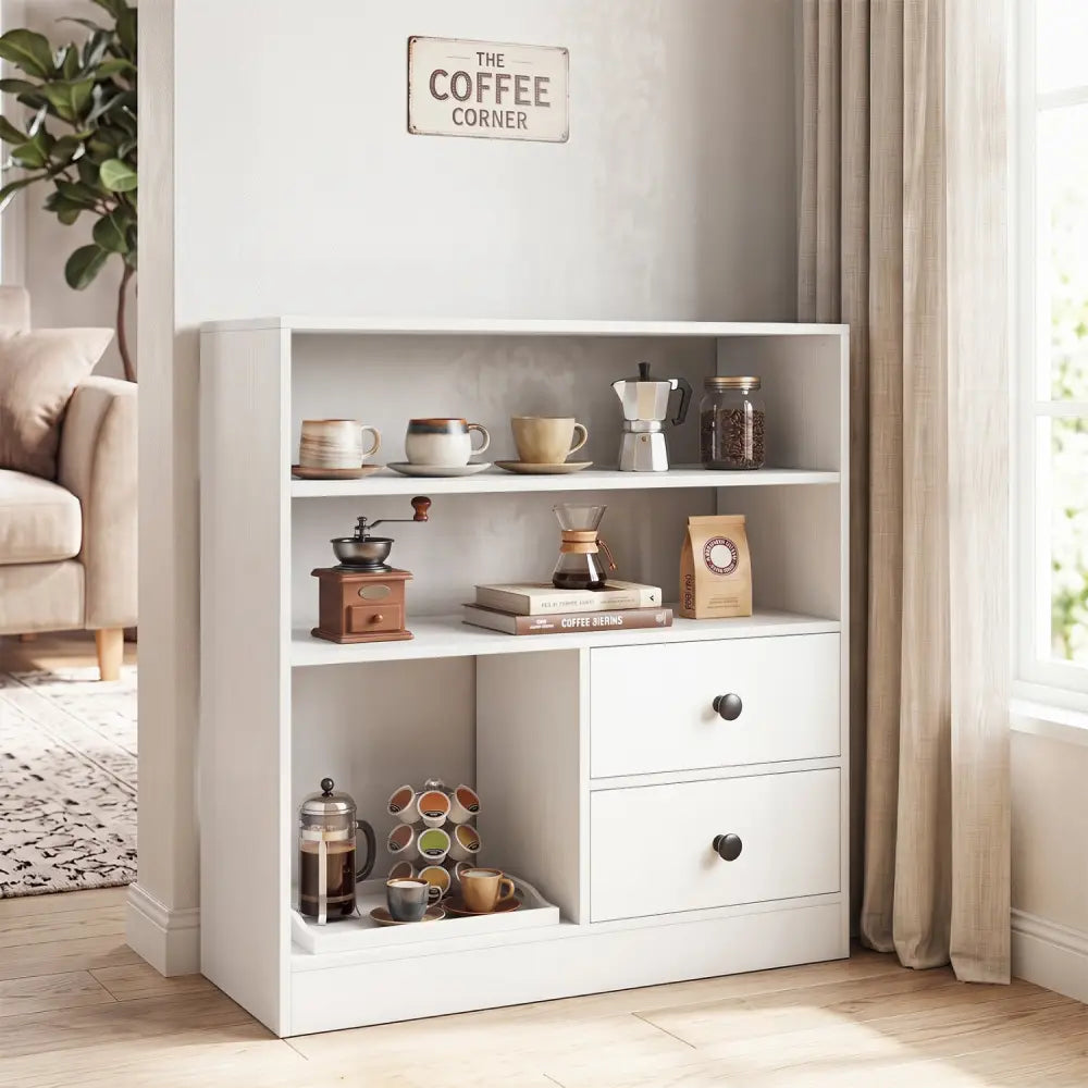 Open Storage Cabinet with 3 Open Compartments and 2 Drawer-White - White - Console Tables