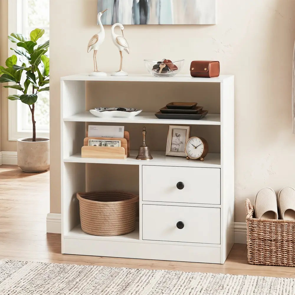 Open Storage Cabinet with 3 Open Compartments and 2 Drawer-White - White - Console Tables
