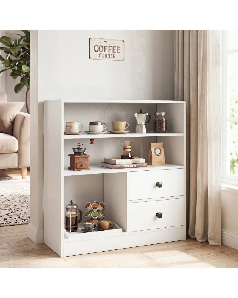 Open Storage Cabinet with 3 Open Compartments and 2 Drawer-White - White - Console Tables
