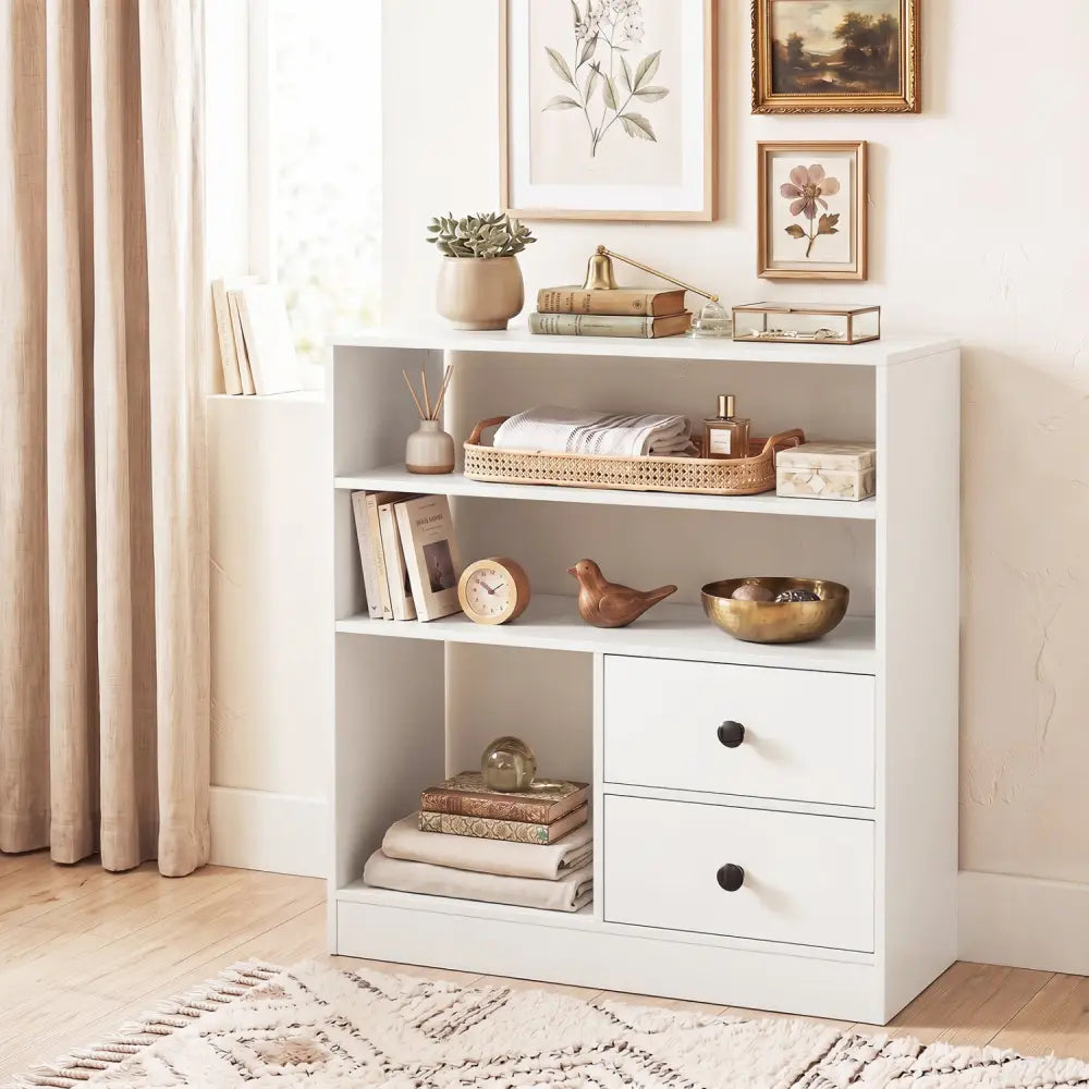 Open Storage Cabinet with 3 Open Compartments and 2 Drawer-White - White - Console Tables