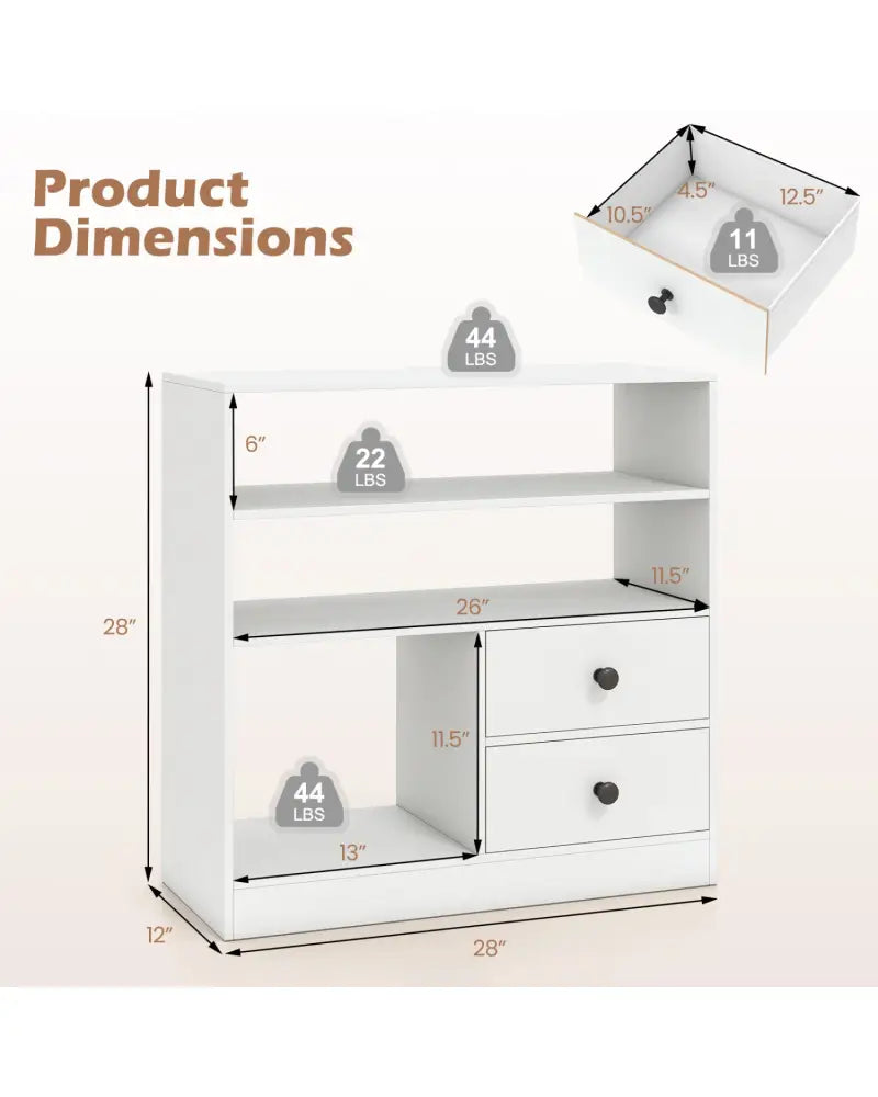 Open Storage Cabinet with 3 Open Compartments and 2 Drawer-White - White - Console Tables