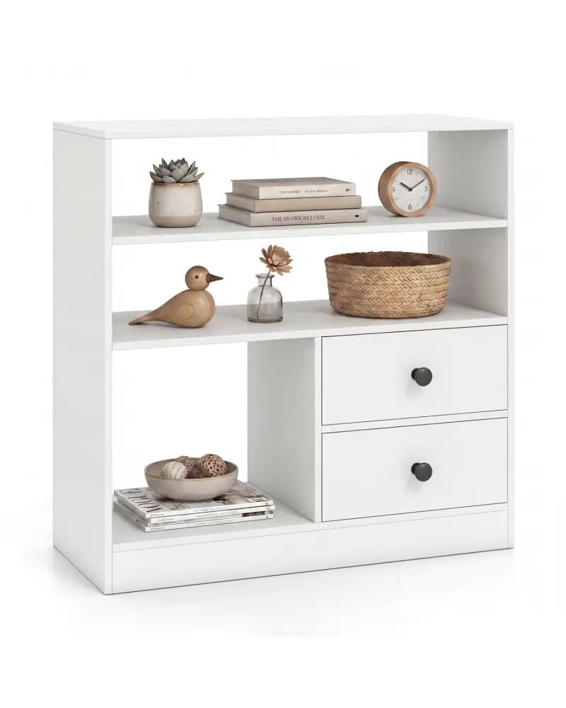 Open Storage Cabinet with 3 Open Compartments and 2 Drawer-White - White - Console Tables