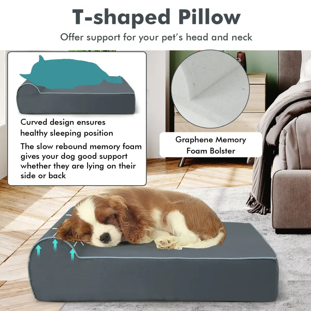 Orthopedic Dog Bed with Headrest and Removable Washable Cover-Grey - Gray - Dog Supplies