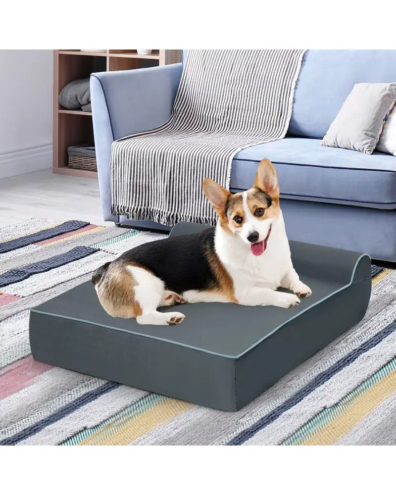 Orthopedic Dog Bed with Headrest and Removable Washable Cover-Grey - Gray - Dog Supplies