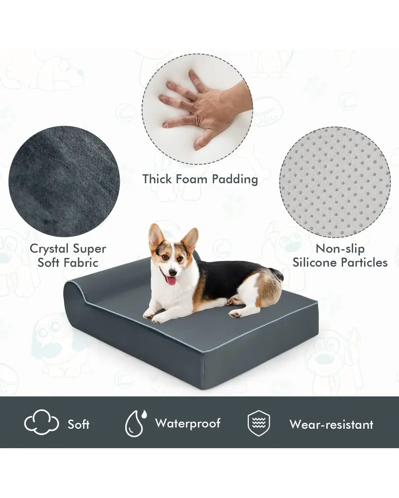 Orthopedic Dog Bed with Headrest and Removable Washable Cover-Grey - Gray - Dog Supplies