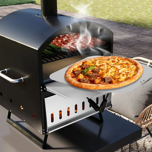 Outdoor 16 Inch 2-Layer Wood Fired Pizza Oven with Square Stone-Black - Black - Outdoor Grills