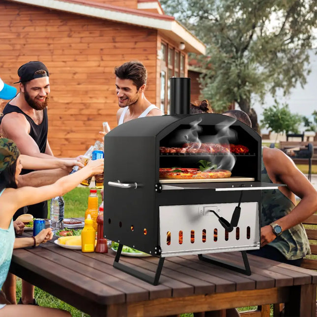Outdoor 16 Inch 2-Layer Wood Fired Pizza Oven with Square Stone-Black - Black - Outdoor Grills