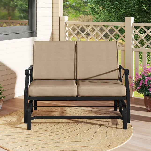 Outdoor 2-Person Glider Rocking Chair Loveseat with Thick Cushions and Metal Frame-Brown - Brown - Patio Rocking Chairs