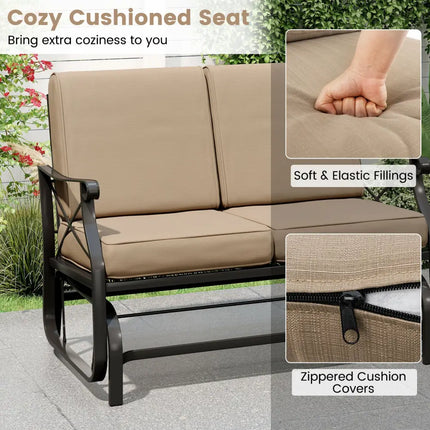Outdoor 2-Person Glider Rocking Chair Loveseat with Thick Cushions and Metal Frame-Brown - Brown - Patio Rocking Chairs