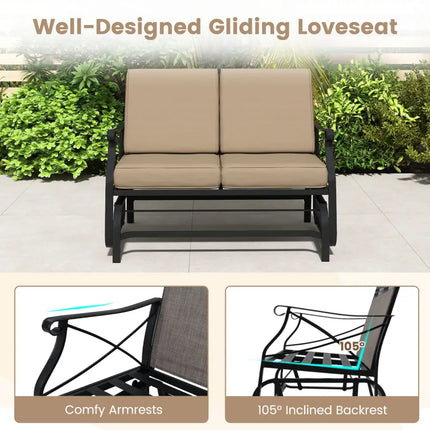 Outdoor 2-Person Glider Rocking Chair Loveseat with Thick Cushions and Metal Frame-Brown - Brown - Patio Rocking Chairs