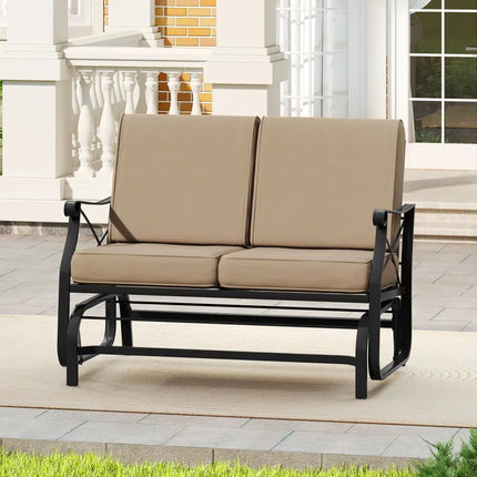 Outdoor 2-Person Glider Rocking Chair Loveseat with Thick Cushions and Metal Frame-Brown - Brown - Patio Rocking Chairs