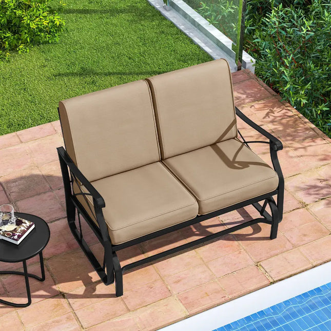 Outdoor 2-Person Glider Rocking Chair Loveseat with Thick Cushions and Metal Frame-Brown - Brown - Patio Rocking Chairs