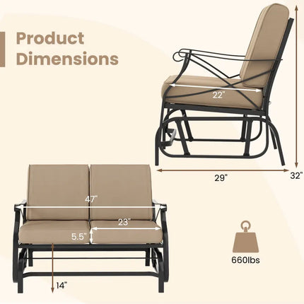 Outdoor 2-Person Glider Rocking Chair Loveseat with Thick Cushions and Metal Frame-Brown - Brown - Patio Rocking Chairs