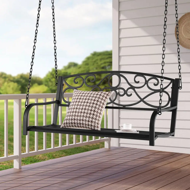 Outdoor 2-Person Metal Porch Swing Chair with Chains-Black - Black - Porch Swings