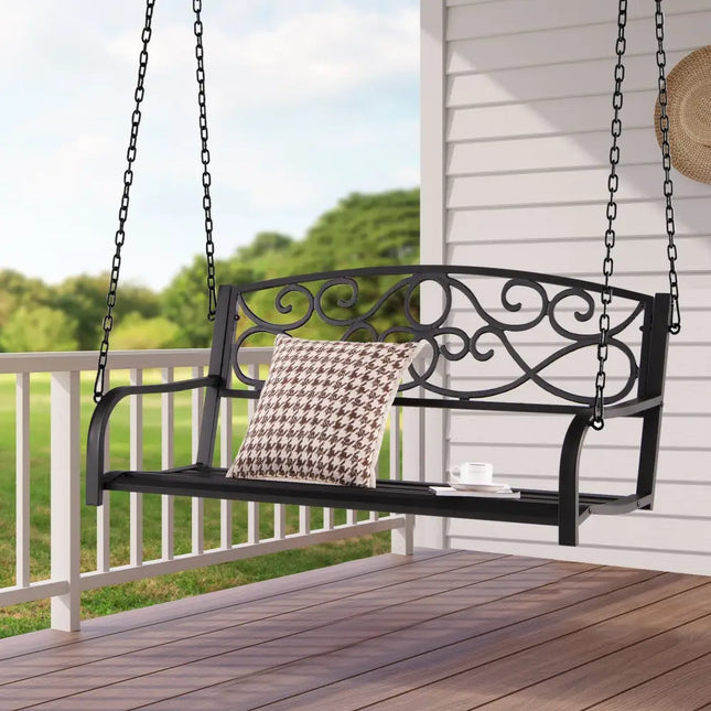 Outdoor 2-Person Metal Porch Swing Chair with Chains-Brown - Brown - Porch Swings