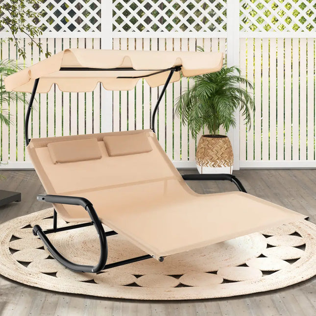 Outdoor 2 Persons Rocking Chaise Lounge with Canopy and Wheels-Beige - Beige - Outdoor Chaise Lounges