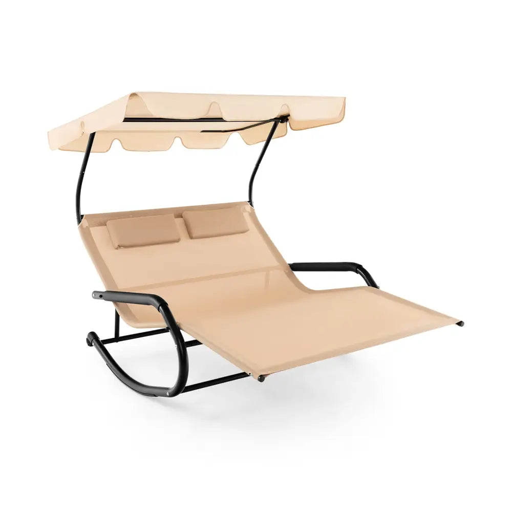 Outdoor 2 Persons Rocking Chaise Lounge with Canopy and Wheels-Beige - Beige - Outdoor Chaise Lounges