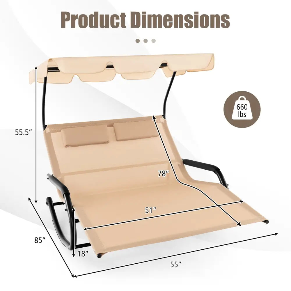 Outdoor 2 Persons Rocking Chaise Lounge with Canopy and Wheels-Beige - Beige - Outdoor Chaise Lounges