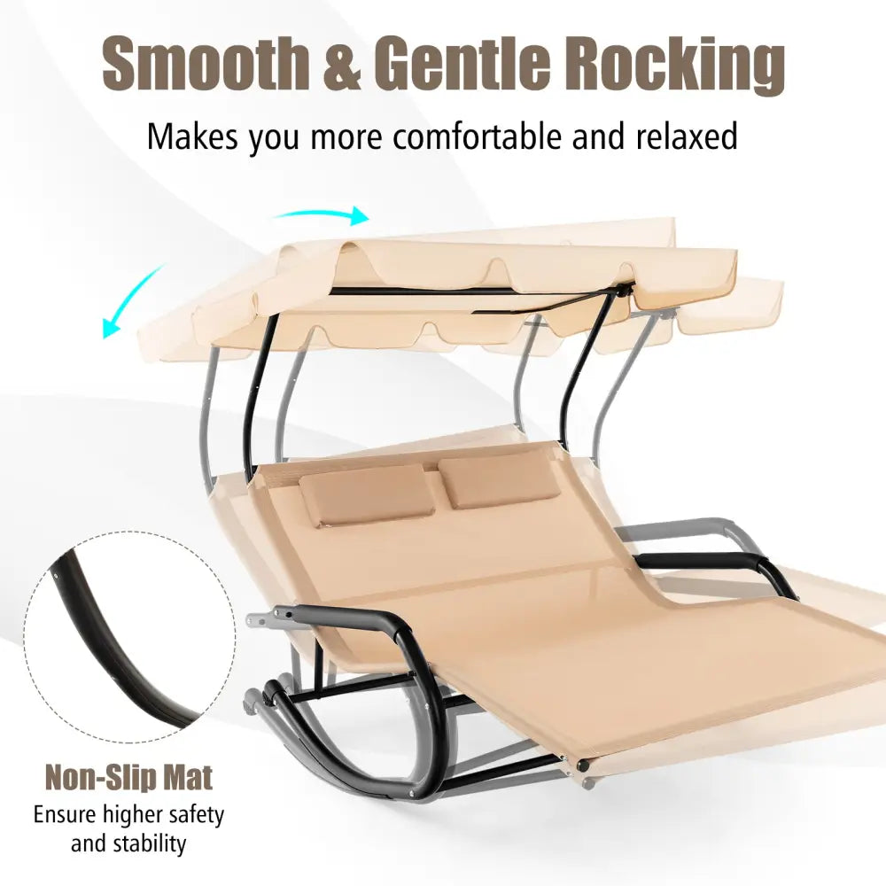Outdoor 2 Persons Rocking Chaise Lounge with Canopy and Wheels-Beige - Beige - Outdoor Chaise Lounges