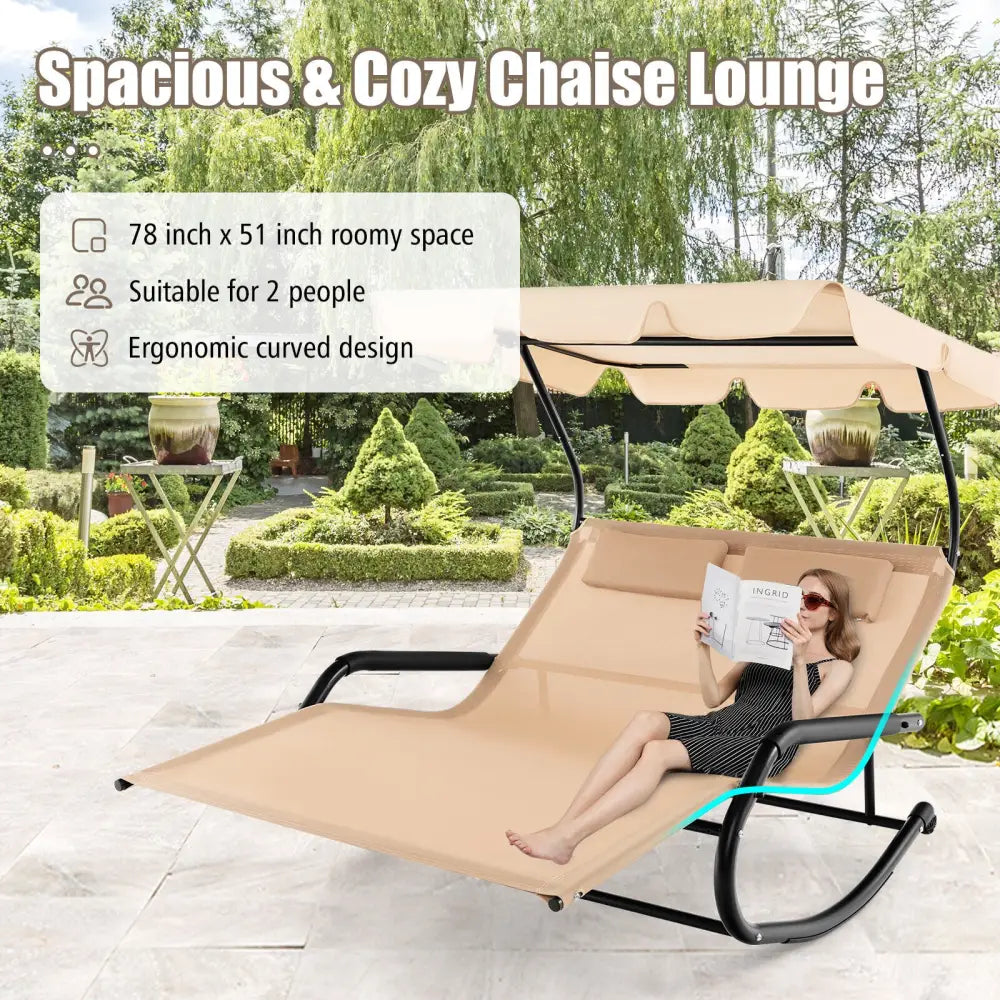Outdoor 2 Persons Rocking Chaise Lounge with Canopy and Wheels-Beige - Beige - Outdoor Chaise Lounges