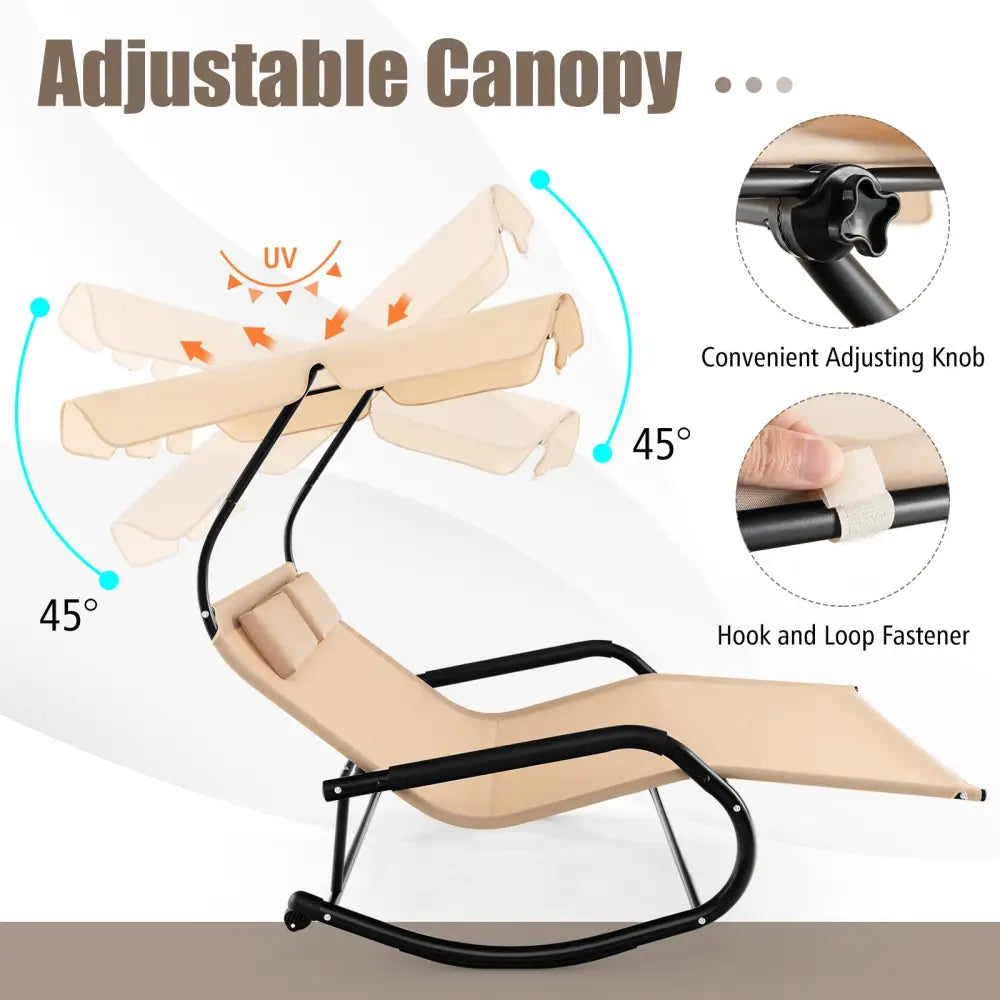 Outdoor 2 Persons Rocking Chaise Lounge with Canopy and Wheels-Beige - Beige - Outdoor Chaise Lounges