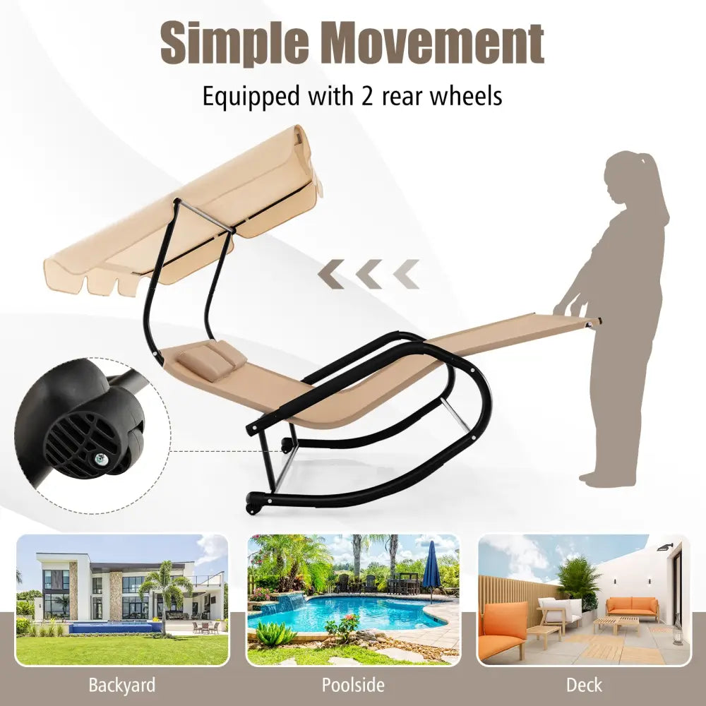 Outdoor 2 Persons Rocking Chaise Lounge with Canopy and Wheels-Beige - Beige - Outdoor Chaise Lounges