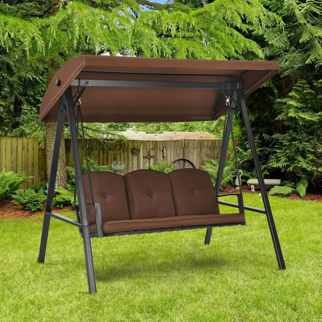 Outdoor 3-Seat Porch Swing with Adjust Canopy and Cushions-Coffee - Brown - Porch Swings