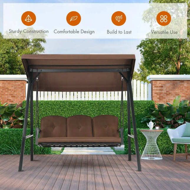 Outdoor 3-Seat Porch Swing with Adjust Canopy and Cushions-Coffee - Brown - Porch Swings