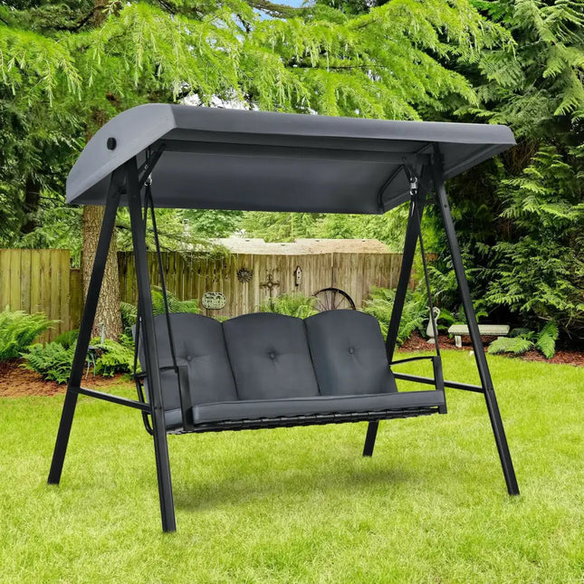 Outdoor 3-Seat Porch Swing with Adjust Canopy and Cushions-Gray - Gray - Porch Swings
