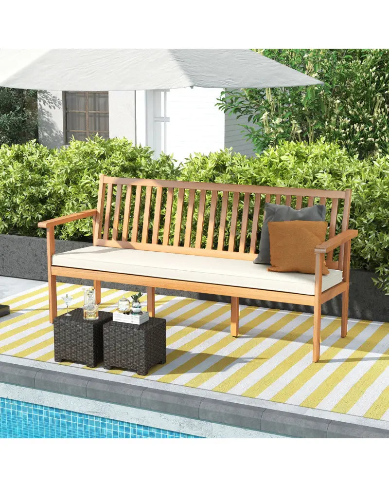 Outdoor 3-Seat Wood Bench with Seat Cushion and Slatted Seat-White - White - Outdoor Benches
