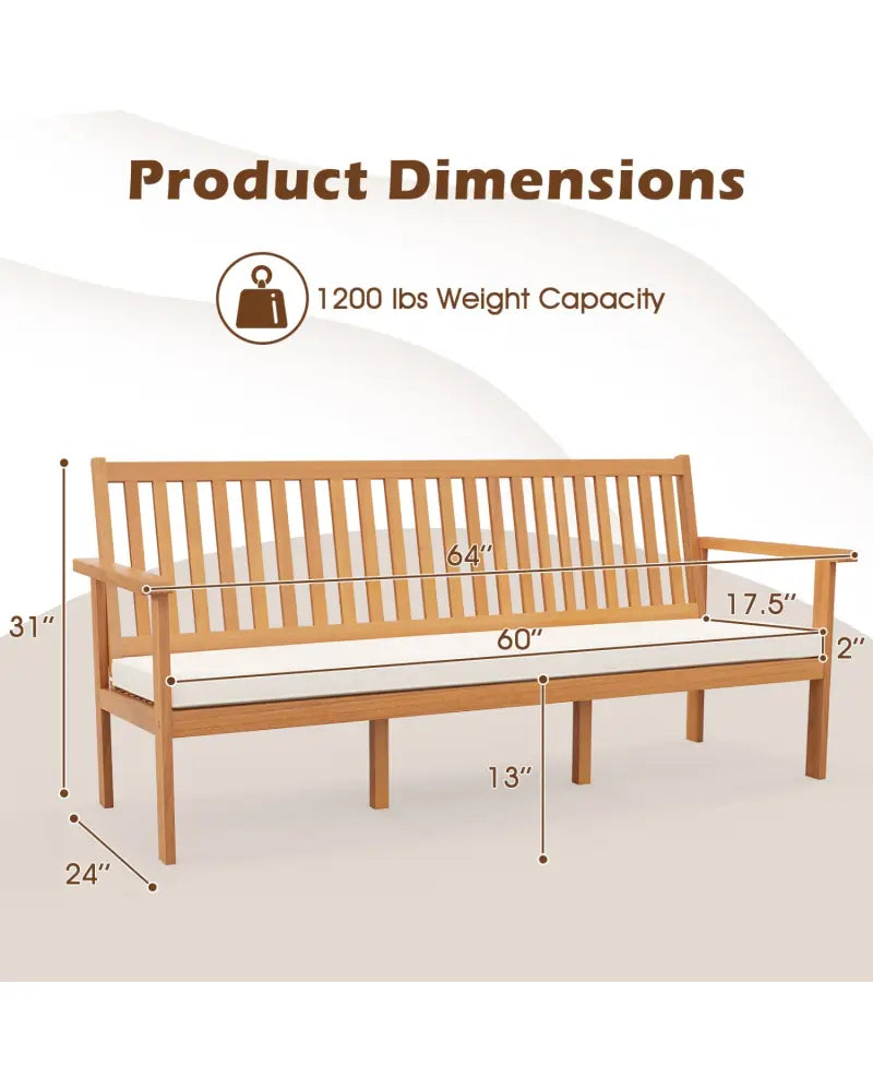 Outdoor 3-Seat Wood Bench with Seat Cushion and Slatted Seat-White - White - Outdoor Benches