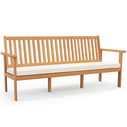 Outdoor 3-Seat Wood Bench with Seat Cushion and Slatted Seat-White - White - Outdoor Benches