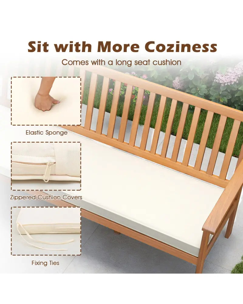 Outdoor 3-Seat Wood Bench with Seat Cushion and Slatted Seat-White - White - Outdoor Benches