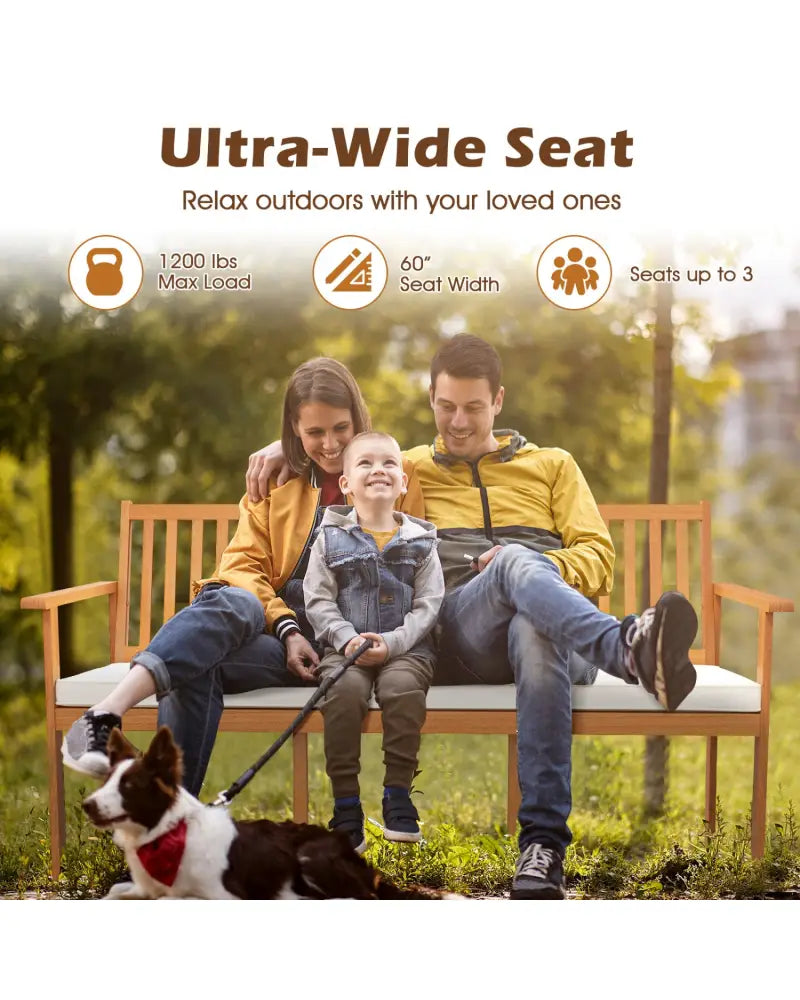 Outdoor 3-Seat Wood Bench with Seat Cushion and Slatted Seat-White - White - Outdoor Benches