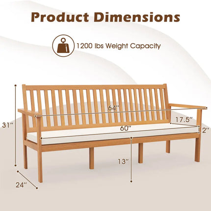Outdoor 3-Seat Wood Bench with Seat Cushion and Slatted Seat-White - White - Outdoor Benches