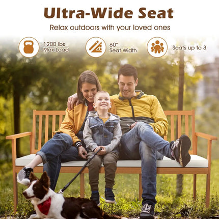 Outdoor 3-Seat Wood Bench with Seat Cushion and Slatted Seat-White - White - Outdoor Benches