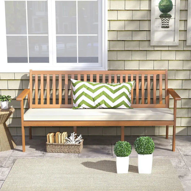Outdoor 3-Seat Wood Bench with Seat Cushion and Slatted Seat-White - White - Outdoor Benches