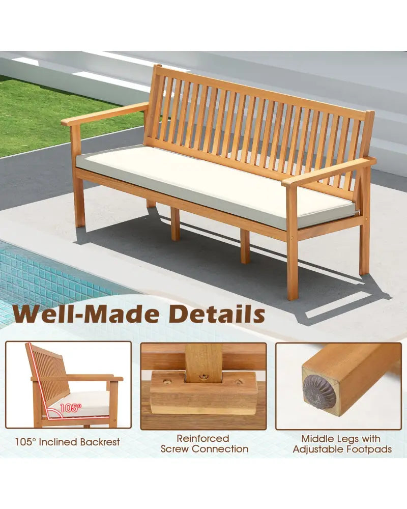 Outdoor 3-Seat Wood Bench with Seat Cushion and Slatted Seat-White - White - Outdoor Benches