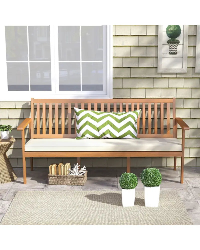 Outdoor 3-Seat Wood Bench with Seat Cushion and Slatted Seat-White - White - Outdoor Benches