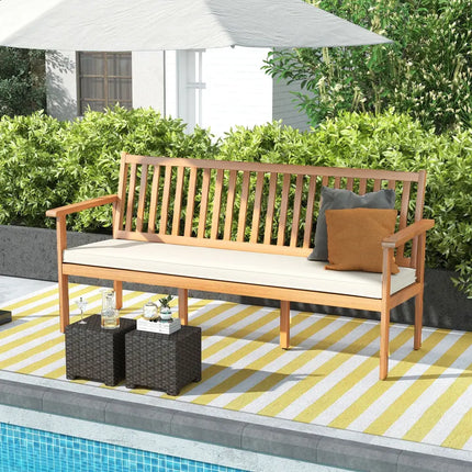 Outdoor 3-Seat Wood Bench with Seat Cushion and Slatted Seat-White - White - Outdoor Benches
