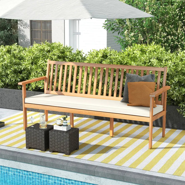 Outdoor 3-Seat Wood Bench with Seat Cushion and Slatted Seat-White - White - Outdoor Benches