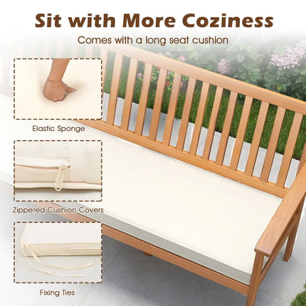 Outdoor 3-Seat Wood Bench with Seat Cushion and Slatted Seat-White - White - Outdoor Benches