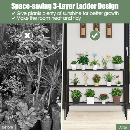 Outdoor 3 Tier Metal Plant Stand with Heavy Duty Rack for Multiple Use - Black - Plant Stands