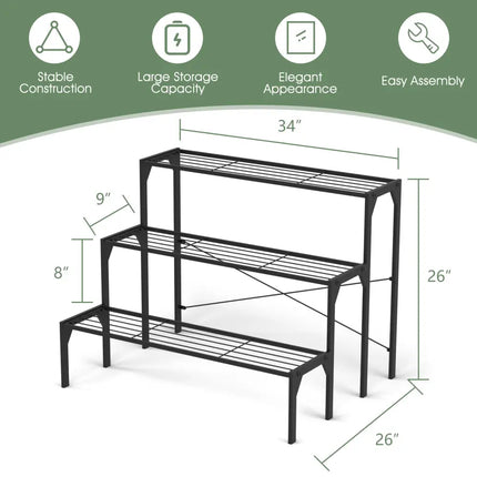 Outdoor 3 Tier Metal Plant Stand with Heavy Duty Rack for Multiple Use - Black - Plant Stands