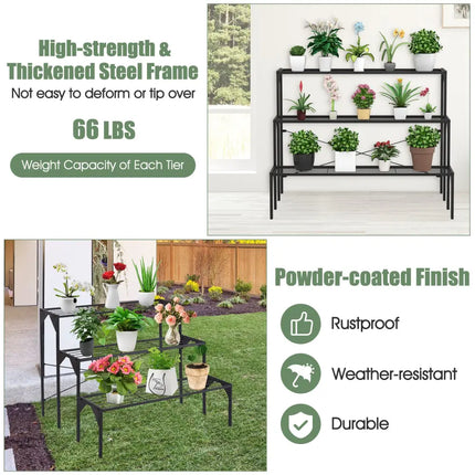 Outdoor 3 Tier Metal Plant Stand with Heavy Duty Rack for Multiple Use - Black - Plant Stands