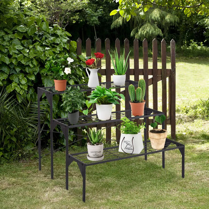 Outdoor 3 Tier Metal Plant Stand with Heavy Duty Rack for Multiple Use - Black - Plant Stands