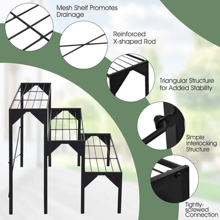 Outdoor 3 Tier Metal Plant Stand with Heavy Duty Rack for Multiple Use - Black - Plant Stands