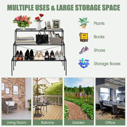 Outdoor 3 Tier Metal Plant Stand with Heavy Duty Rack for Multiple Use - Black - Plant Stands