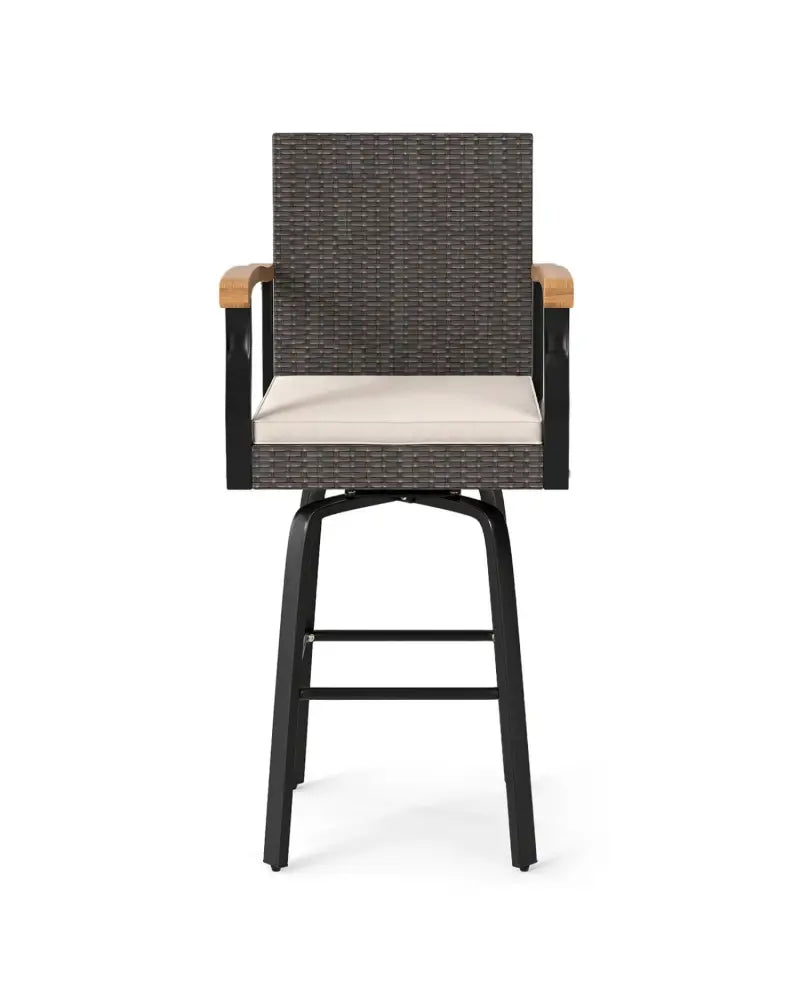 Outdoor 360° Swivel Bar Stool with Cushion and Acacia Wood Armrests-F-Brown - Brown - Patio Bar Furniture